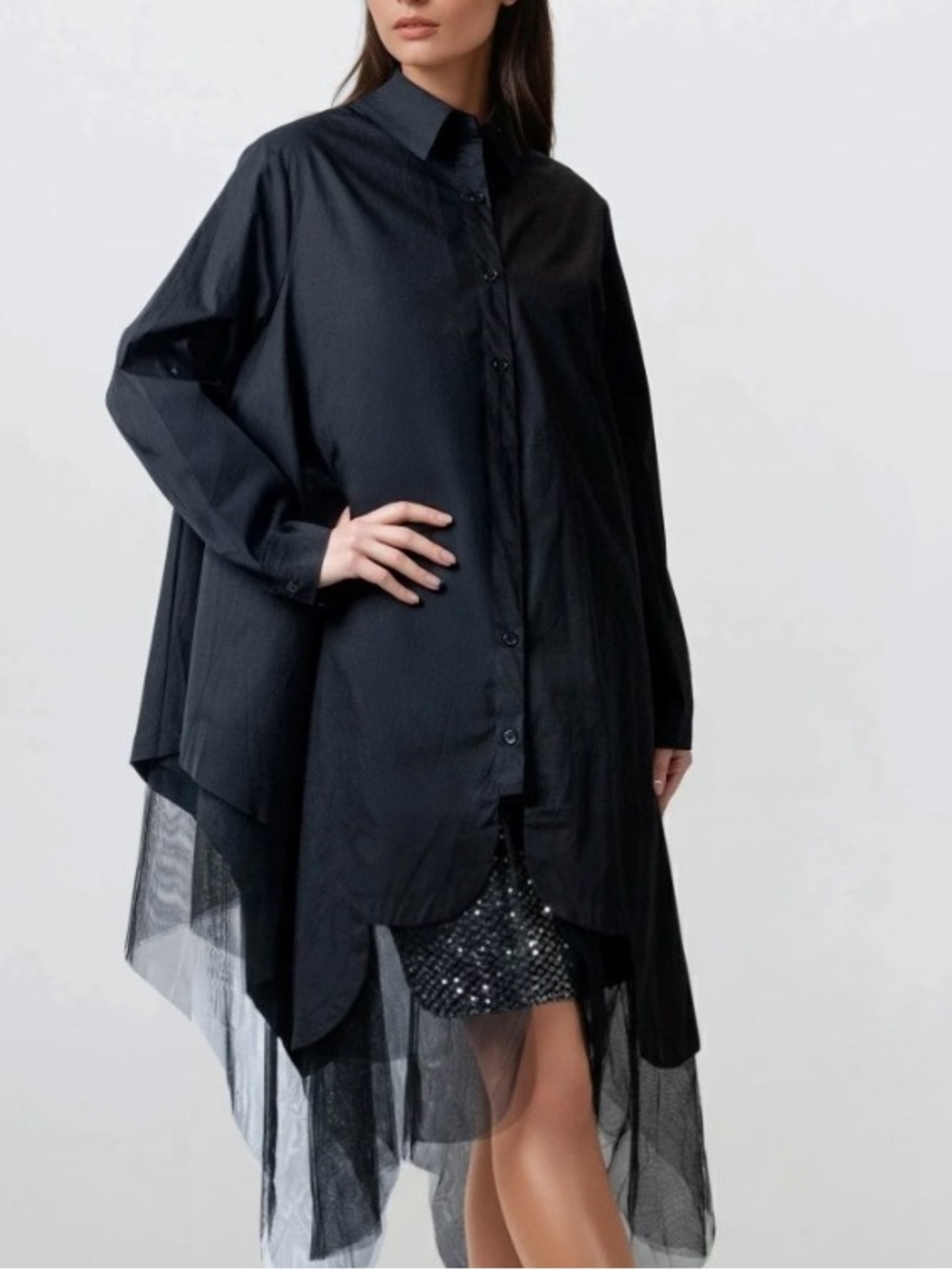 Kate Hewko Black Oversized Mesh Hem Shirt Dress Tunic Top